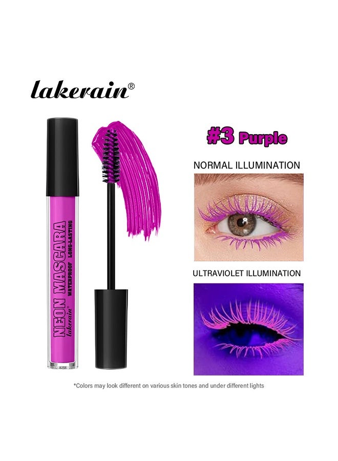 lakerain Neon Mascara, Waterproof Long-Lasting, Colorful Waterproof Fluorescent Mascara for Eyelashes Long lasting Charming Voluminous Mascara #3 Purple - Image 2